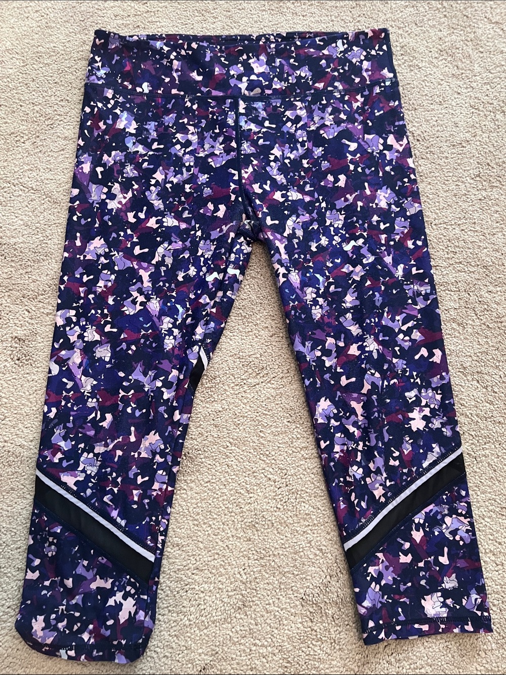 Fabletics Purple Multi-Patterned Capri with Mesh Insets in Legs-size L, EUC